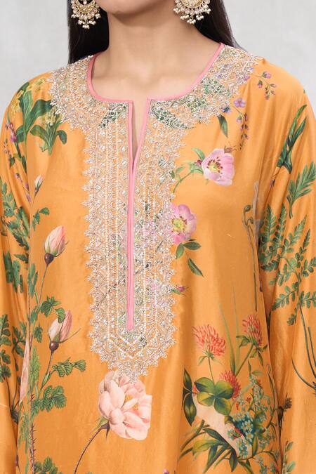 Anushree Reddy_Orange Silk Lace Split V-neck Floral Print Straight Kurta And Pant Set _at_Aza_Fashions