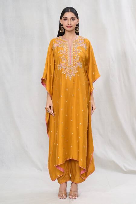 Anushree Reddy_Yellow Dupion Silk Printed Floral Notched Embroidered Mustard Kaftan And Pant Set _Online_at_Aza_Fashions