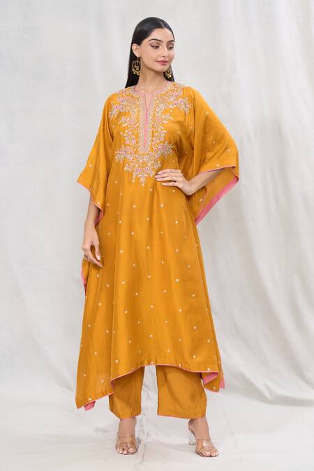 Buy_Anushree Reddy_Yellow Dupion Silk Printed Floral Notched Embroidered Mustard Kaftan And Pant Set _Online_at_Aza_Fashions