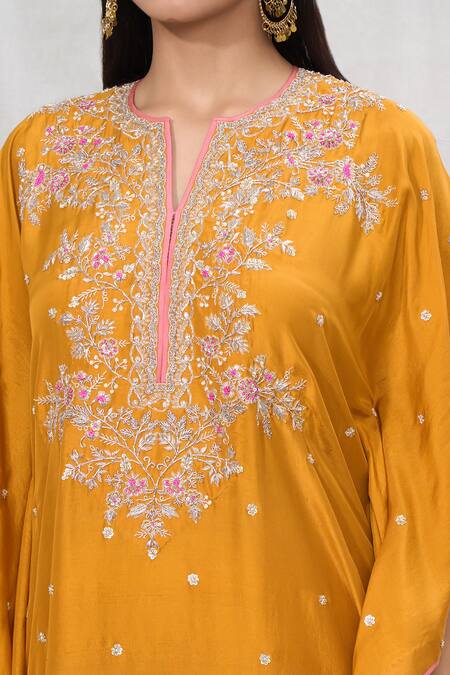 Shop_Anushree Reddy_Yellow Dupion Silk Printed Floral Notched Embroidered Mustard Kaftan And Pant Set _Online_at_Aza_Fashions