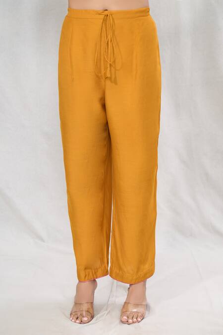 Anushree Reddy_Yellow Dupion Silk Printed Floral Notched Embroidered Mustard Kaftan And Pant Set _at_Aza_Fashions