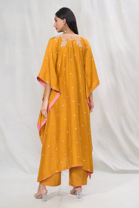 Anushree Reddy Floral Embroidered Mustard Kaftan & Pant Set 