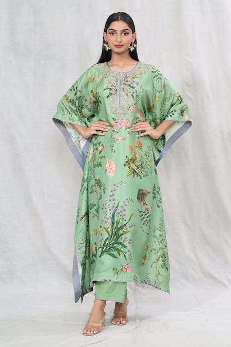 Anushree Reddy Green Twill Silk Printed Floral Notched Kaftan And Pant Set  