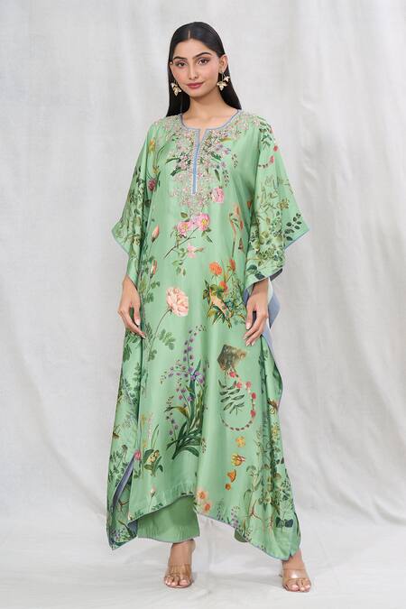 Buy_Anushree Reddy_Green Twill Silk Printed Floral Notched Kaftan And Pant Set  _Online_at_Aza_Fashions