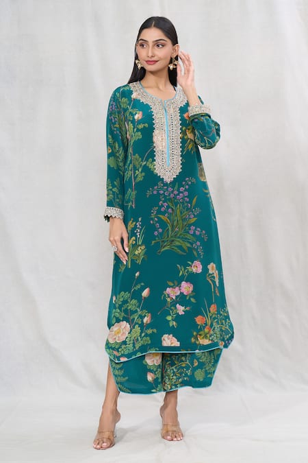 Anushree Reddy Emerald Green Printed Floral Notched Flower Kurta And Pant Set  