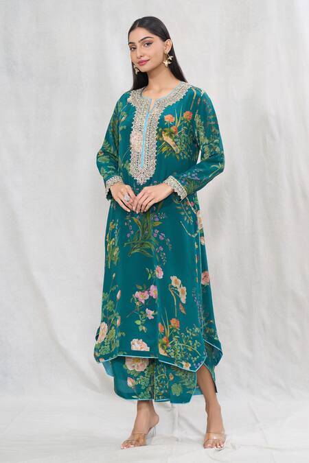 Buy_Anushree Reddy_Emerald Green Cotton Embroidery Split V-neck Flower Print Kurta And Pant Set _Online_at_Aza_Fashions