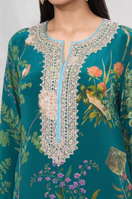 Shop_Anushree Reddy_Emerald Green Cotton Embroidery Split V-neck Flower Print Kurta And Pant Set _Online_at_Aza_Fashions