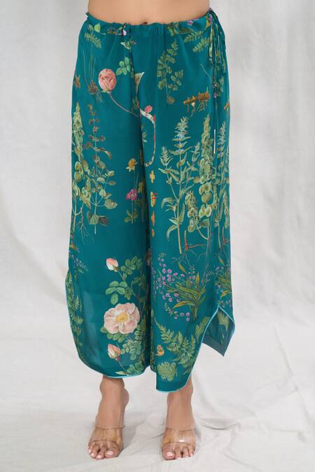 Anushree Reddy_Emerald Green Cotton Embroidery Split V-neck Flower Print Kurta And Pant Set _at_Aza_Fashions