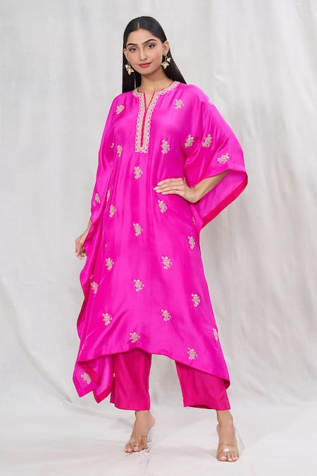 Shop_Anushree Reddy_Pink Dupion Silk Embroidered Floral Notched Butti Kaftan And Pant Set  _Online_at_Aza_Fashions