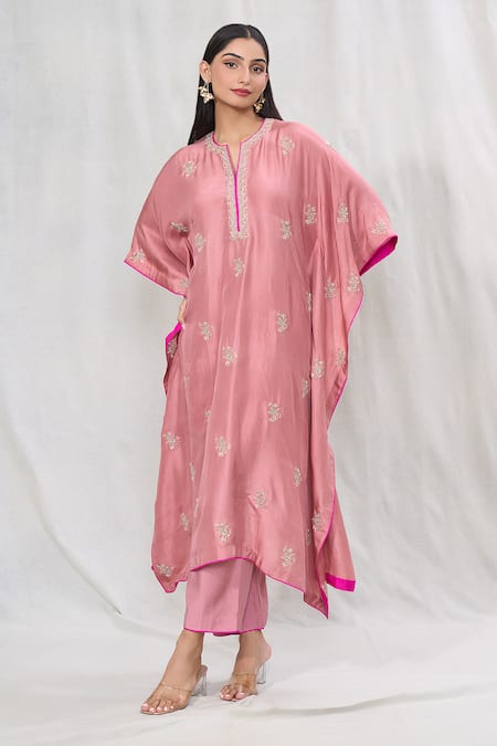 Anushree Reddy Pink Dupion Silk Embroidered Floral Notched Butti Kaftan With Pant  