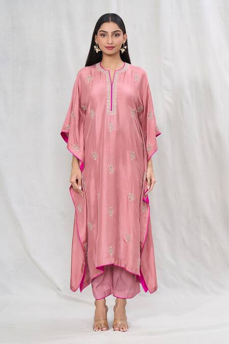 Anushree Reddy_Pink Silk Embroidery Keyhole Neck Floral Butti Kaftan With Pant _Online_at_Aza_Fashions