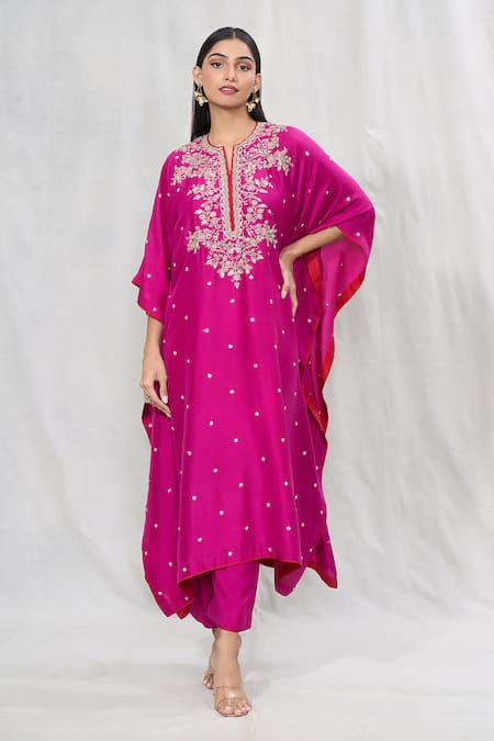 Buy_Anushree Reddy_Magenta Dupion Silk Embroidered Floral Notched Sequin Kaftan With Pant _Online_at_Aza_Fashions