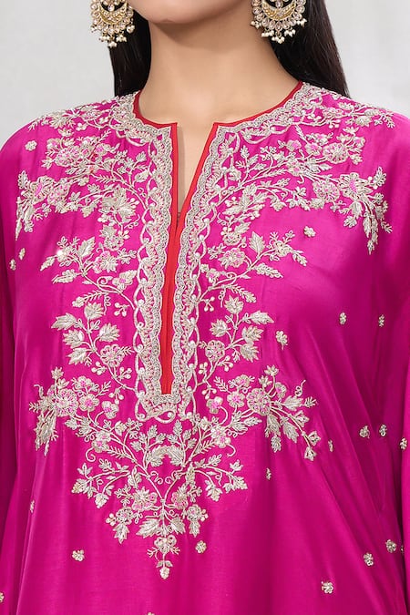 Shop_Anushree Reddy_Magenta Dupion Silk Embroidered Floral Notched Sequin Kaftan With Pant _Online_at_Aza_Fashions
