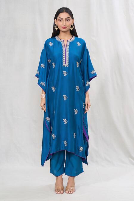 Anushree Reddy_Blue Dupion Silk Embroidered Floral Notched Flower Kaftan With Pant  _Online_at_Aza_Fashions
