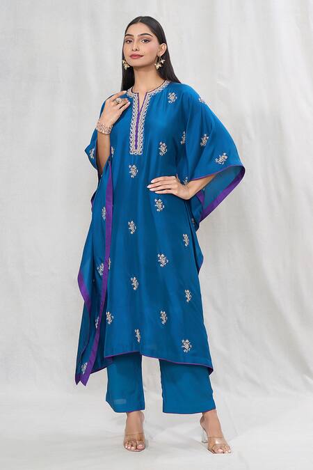 Buy_Anushree Reddy_Blue Dupion Silk Embroidered Floral Notched Flower Kaftan With Pant  _Online_at_Aza_Fashions