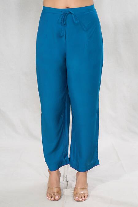 Shop_Anushree Reddy_Blue Dupion Silk Embroidered Floral Notched Flower Kaftan With Pant  _Online_at_Aza_Fashions