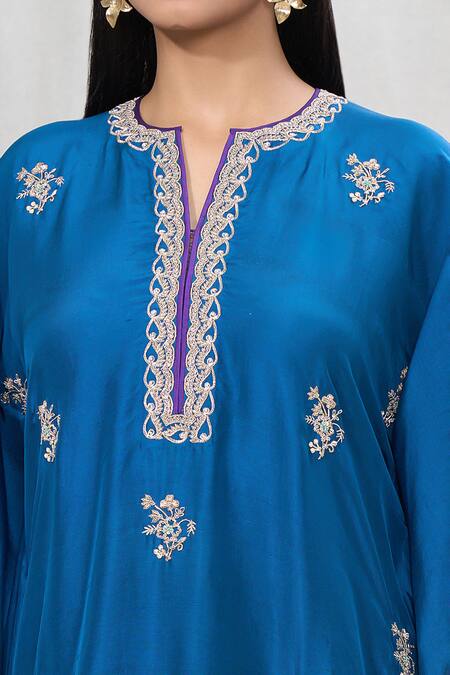 Anushree Reddy_Blue Dupion Silk Embroidered Floral Notched Flower Kaftan With Pant  _at_Aza_Fashions