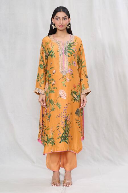 Anushree Reddy_Orange Silk Embroidery Split V-neck Flower Print Kurta And Pant Set _Online_at_Aza_Fashions