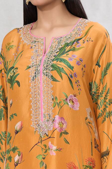 Shop_Anushree Reddy_Orange Silk Embroidery Split V-neck Flower Print Kurta And Pant Set _Online_at_Aza_Fashions
