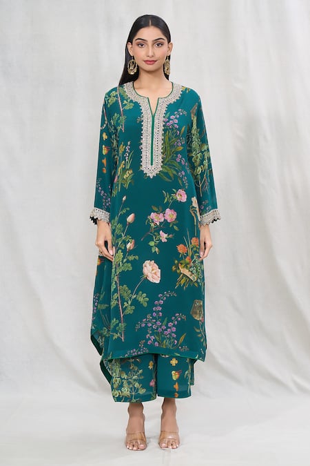 Anushree Reddy_Emerald Green Silk Lace, Embroidery Split Botanic Print Kurta And Pant Co-ord Set _Online_at_Aza_Fashions
