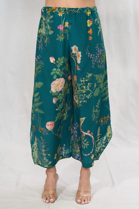 Buy_Anushree Reddy_Emerald Green Silk Lace, Embroidery Split Botanic Print Kurta And Pant Co-ord Set _Online_at_Aza_Fashions