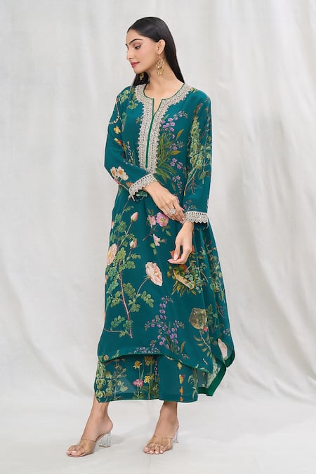Shop_Anushree Reddy_Emerald Green Silk Lace, Embroidery Split Botanic Print Kurta And Pant Co-ord Set _Online_at_Aza_Fashions