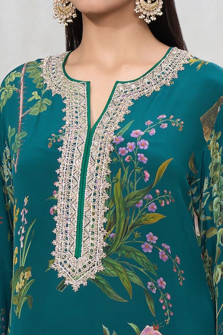 Anushree Reddy_Emerald Green Silk Lace, Embroidery Split Botanic Print Kurta And Pant Co-ord Set _at_Aza_Fashions