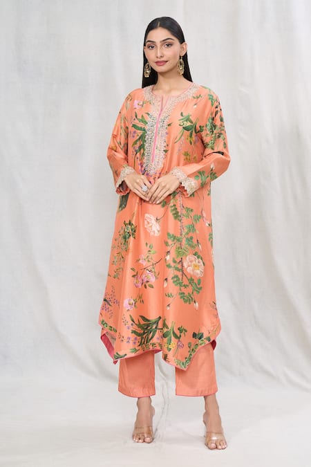 Anushree Reddy Peach Dupion Silk Printed Floral Notched Botanic Kurta And Pant Set  