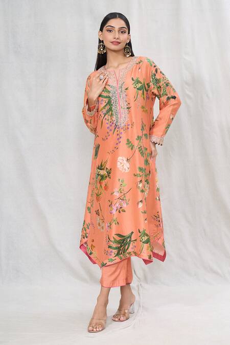 Buy_Anushree Reddy_Peach Silk Lace Split V-neck Botanic Print Kurta And Pant Set _Online_at_Aza_Fashions