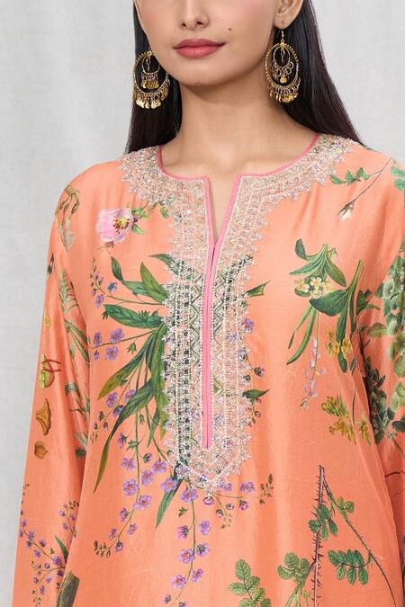 Shop_Anushree Reddy_Peach Silk Lace Split V-neck Botanic Print Kurta And Pant Set _Online_at_Aza_Fashions