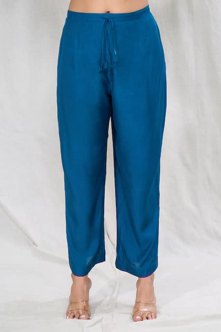 Buy_Anushree Reddy_Blue Dupion Silk Embroidered Floral Notched Kaftan And Pant Set  _Online_at_Aza_Fashions