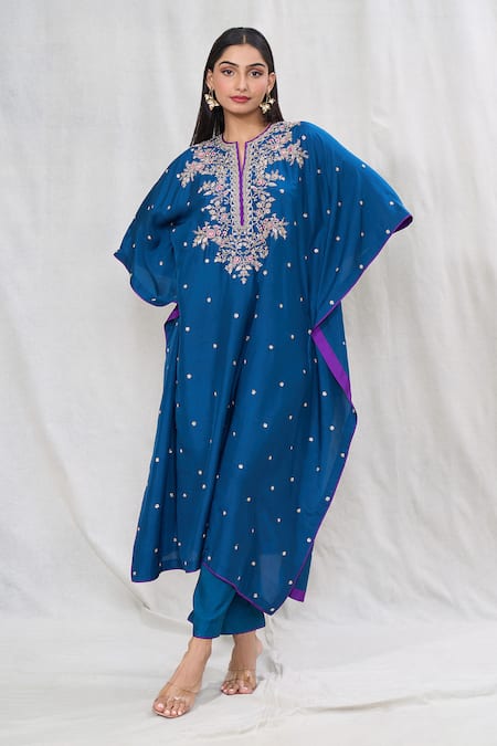 Shop_Anushree Reddy_Blue Dupion Silk Embroidered Floral Notched Kaftan And Pant Set  _Online_at_Aza_Fashions