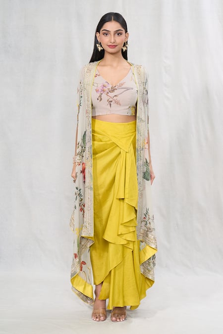 Shop_Anushree Reddy_Green Georgette Embroidery V-neck Floral Print Cape And Draped Skirt Set _Online_at_Aza_Fashions