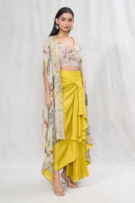 Anushree Reddy_Green Georgette Embroidery V-neck Floral Print Cape And Draped Skirt Set _at_Aza_Fashions