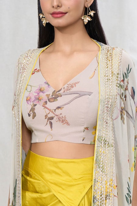 Buy_Anushree Reddy_Green Georgette Embroidery V-neck Floral Print Cape And Draped Skirt Set 