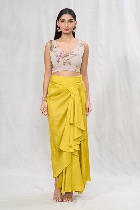 Shop_Anushree Reddy_Green Georgette Embroidery V-neck Floral Print Cape And Draped Skirt Set 