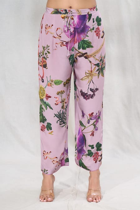 Anushree Reddy_Purple Crepe Embroidery Split V-neck Blossom Print Kurta And Pant Co-ord Set _Online_at_Aza_Fashions