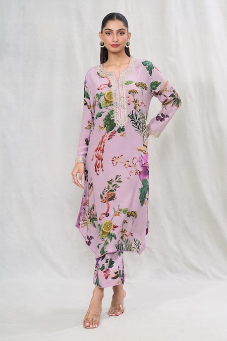 Buy_Anushree Reddy_Purple Crepe Embroidery Split V-neck Blossom Print Kurta And Pant Co-ord Set _Online_at_Aza_Fashions