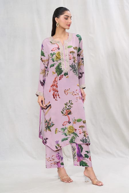 Shop_Anushree Reddy_Purple Crepe Embroidery Split V-neck Blossom Print Kurta And Pant Co-ord Set _Online_at_Aza_Fashions