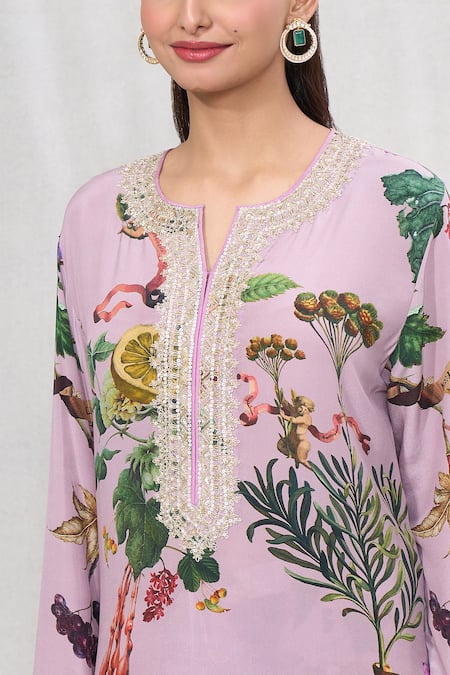 Anushree Reddy_Purple Crepe Embroidery Split V-neck Blossom Print Kurta And Pant Co-ord Set _at_Aza_Fashions