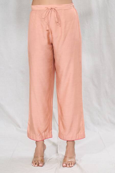 Anushree Reddy_Peach Twill Silk Embroidered Floral Notched Kaftan And Pant Set _Online_at_Aza_Fashions