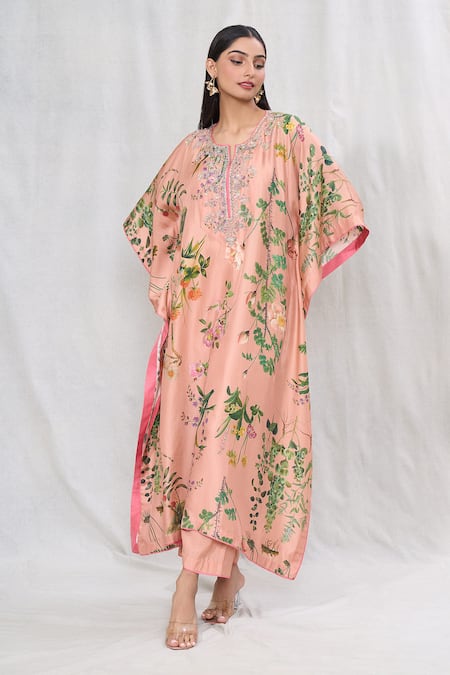 Buy_Anushree Reddy_Peach Twill Silk Embroidered Floral Notched Kaftan And Pant Set _Online_at_Aza_Fashions