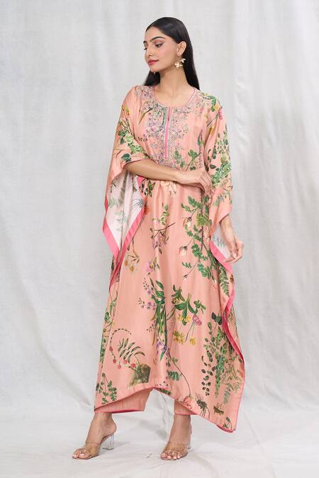 Shop_Anushree Reddy_Peach Twill Silk Embroidered Floral Notched Kaftan And Pant Set _Online_at_Aza_Fashions