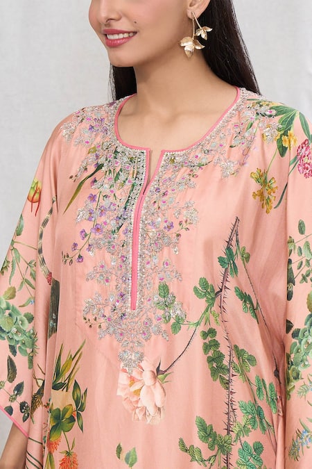 Anushree Reddy_Peach Twill Silk Embroidered Floral Notched Kaftan And Pant Set _at_Aza_Fashions