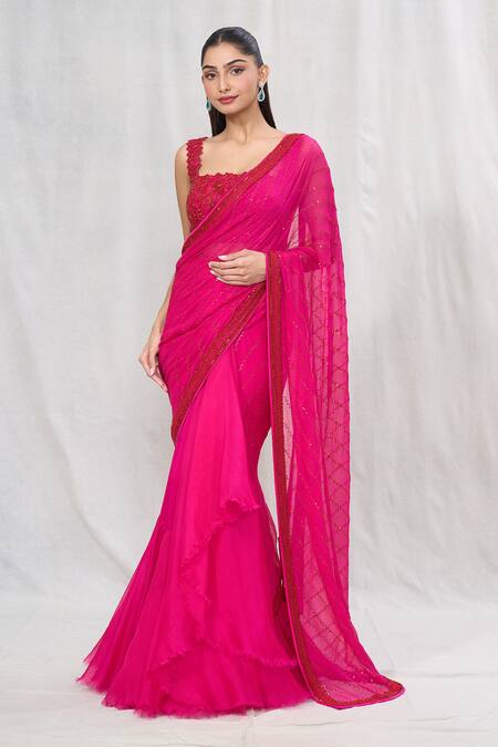 Buy Anushree Reddy Pink Chiffon Sequins, Beads Square Pre-draped Saree With Embroidered Blouse Online at Aza Fashions Buy_Anushree Reddy_Pink Chiffon Sequins, Beads Square Pre-draped Saree With Embroidered Blouse _Online_at_Aza_Fashions