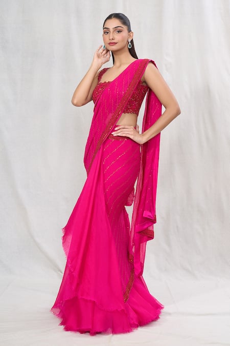 Shop Anushree Reddy Pink Chiffon Sequins, Beads Square Pre-draped Saree With Embroidered Blouse Online at Aza Fashions Shop_Anushree Reddy_Pink Chiffon Sequins, Beads Square Pre-draped Saree With Embroidered Blouse _Online_at_Aza_Fashions