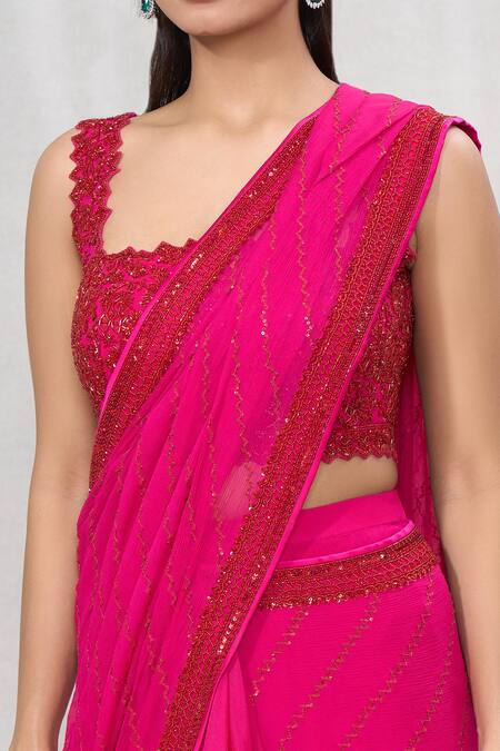 Anushree Reddy Pink Chiffon Sequins, Beads Square Pre-draped Saree With Embroidered Blouse at Aza Fashions Anushree Reddy_Pink Chiffon Sequins, Beads Square Pre-draped Saree With Embroidered Blouse _at_Aza_Fashions