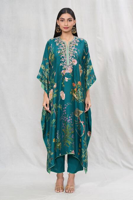 Anushree Reddy_Emerald Green Dupion Silk Printed Botanic Notched Kaftan With Pant  _Online_at_Aza_Fashions
