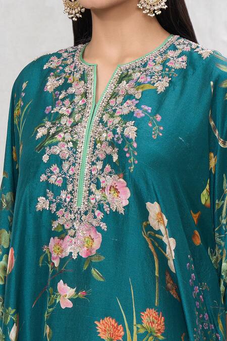 Shop_Anushree Reddy_Emerald Green Dupion Silk Printed Botanic Notched Kaftan With Pant  _Online_at_Aza_Fashions