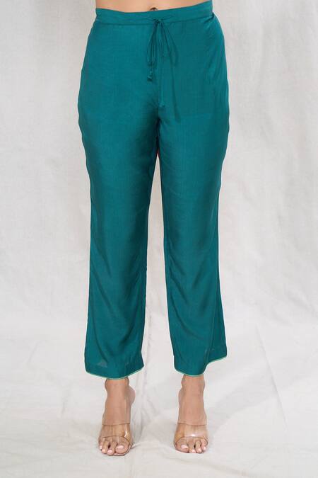 Anushree Reddy_Emerald Green Dupion Silk Printed Botanic Notched Kaftan With Pant  _at_Aza_Fashions